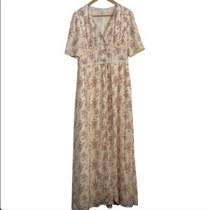 Vintage Lucca Floral Cream & Pink Button Front Maxi Dress Size Medium